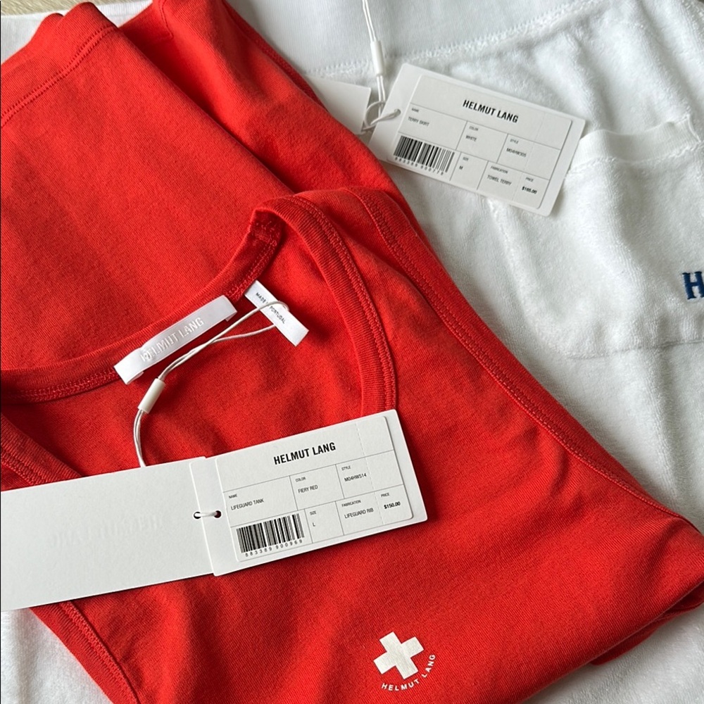 Helmut Lang Red Tank Top and white terry cloth skirt outfit